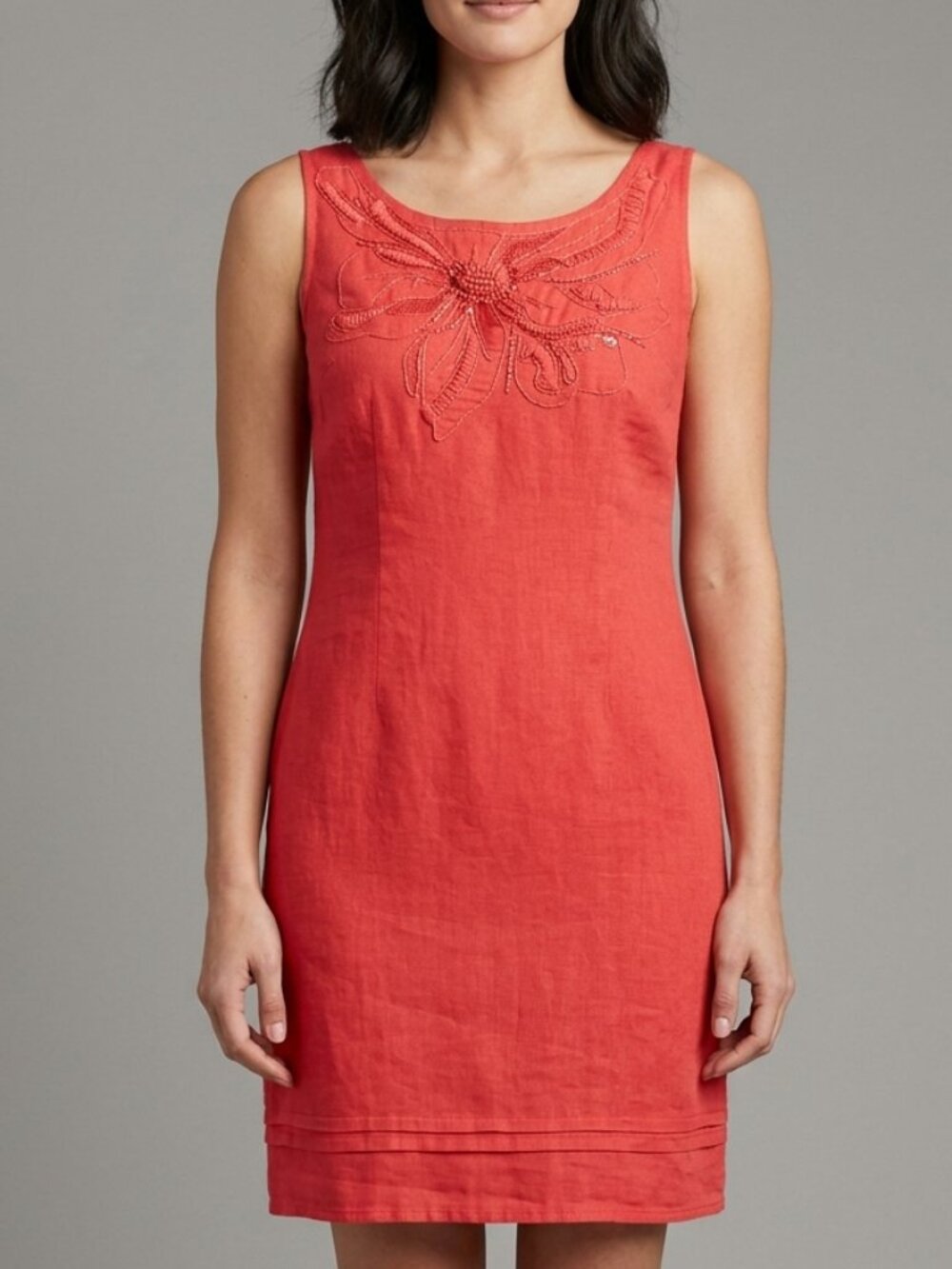H.O.G. Coral Linen and Cotton Dress with Embroidery